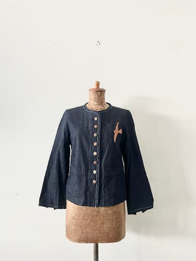 si-si-si comfort　鳥レザー　長袖ノーカラーデニム ジャケット 画像1