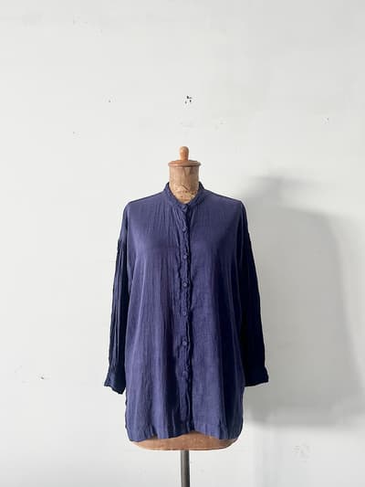【美品】maiso de soil　手織り　バンデッドカラーシャツ　バルーン袖　パープル 画像1