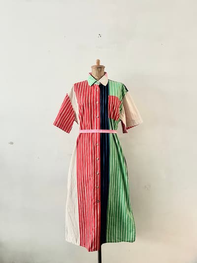 【北欧】marimekko　ストライプワンピース　クレイジーパターン　サイズS　コットン 画像1
