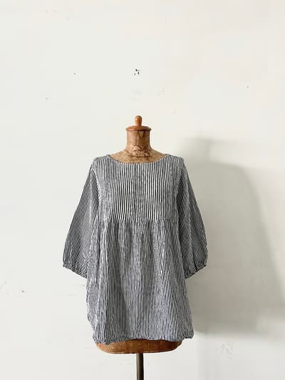 【美品】Hands of creation　ストライプ柄リネンギャザーブラウス　FREE 画像1