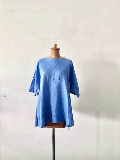 【美品】HEAVENLY　リネン半袖　シャツ　ブルー　後ろボタン　　 画像1