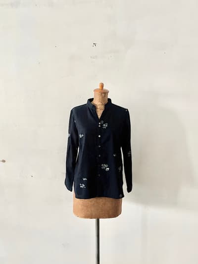 【美品】PAL’LAS PALACE　バンドカラー　花柄　インディゴ染め　スキッパー　シャツ 画像1