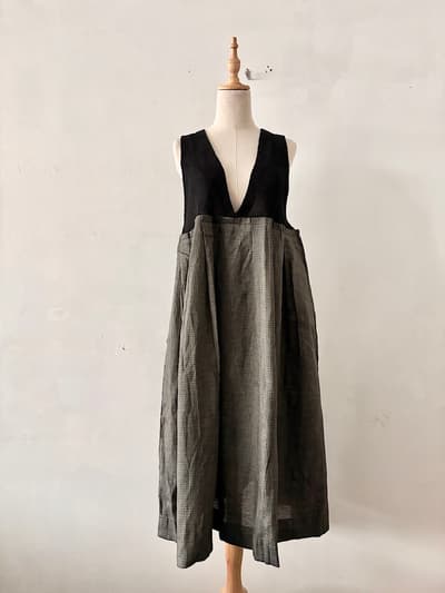 【未使用】GASA ガサ リネン シルク チェック切替ワンピース ドレス F ブラック 画像1