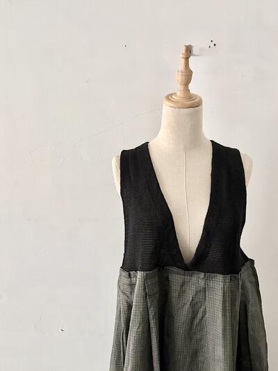 【未使用】GASA ガサ リネン シルク チェック切替ワンピース ドレス F ブラック 画像3
