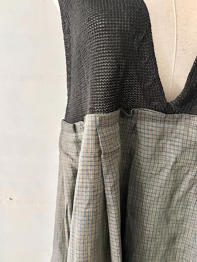 【未使用】GASA ガサ リネン シルク チェック切替ワンピース ドレス F ブラック 画像4
