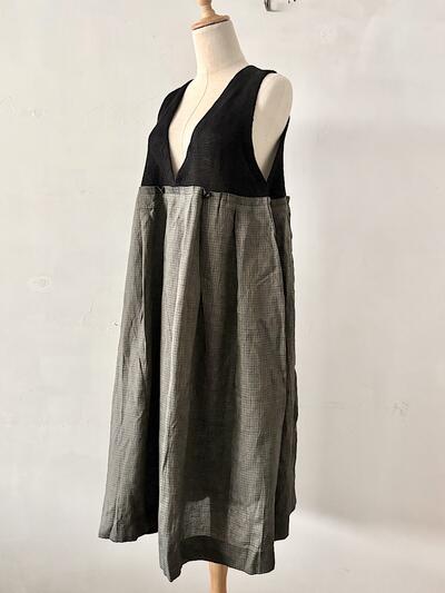 【未使用】GASA ガサ リネン シルク チェック切替ワンピース ドレス F ブラック 画像5