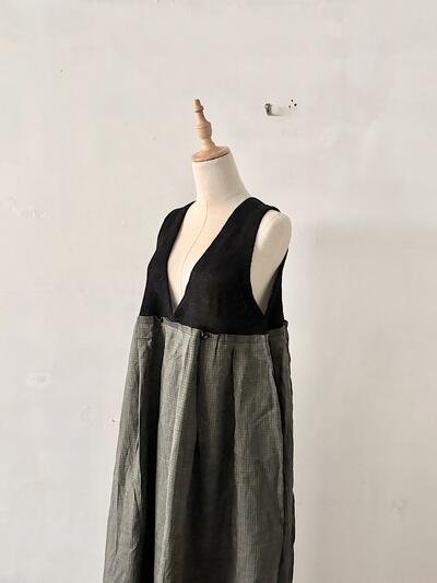 【未使用】GASA ガサ リネン シルク チェック切替ワンピース ドレス F ブラック 画像6