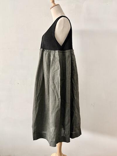 【未使用】GASA ガサ リネン シルク チェック切替ワンピース ドレス F ブラック 画像7