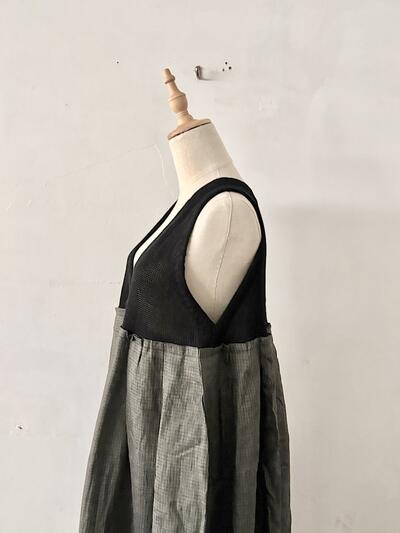 【未使用】GASA ガサ リネン シルク チェック切替ワンピース ドレス F ブラック 画像8