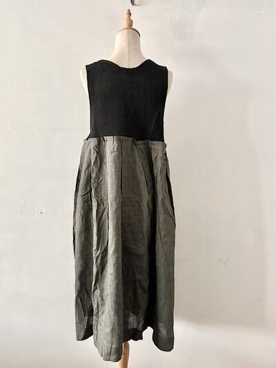 【未使用】GASA ガサ リネン シルク チェック切替ワンピース ドレス F ブラック 画像9