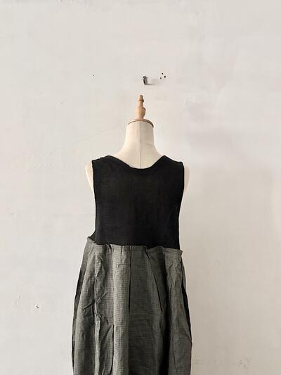 【未使用】GASA ガサ リネン シルク チェック切替ワンピース ドレス F ブラック 画像10