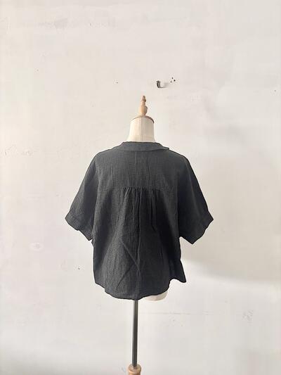 MAGALI マガリ リネンコットン ギンガムチェック 丸襟ブラウス グリーン・ブラック 画像5