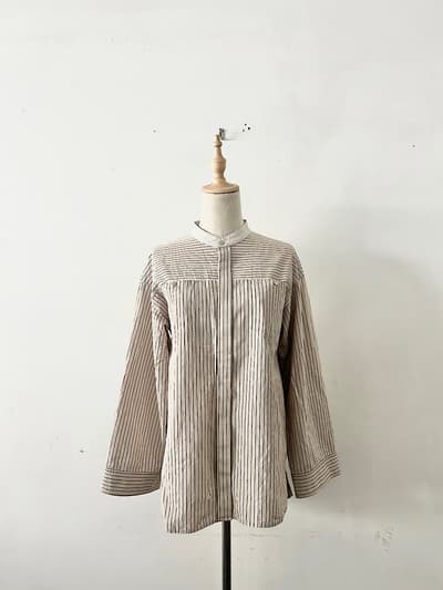 【美品】EARIH ストライプ バンドカラー シャツ 画像1
