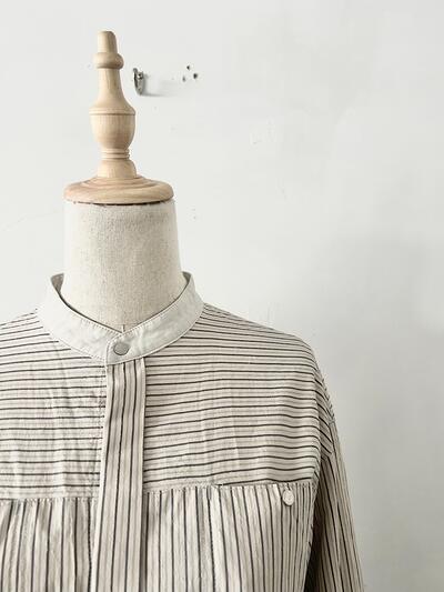 【美品】EARIH ストライプ バンドカラー シャツ 画像3