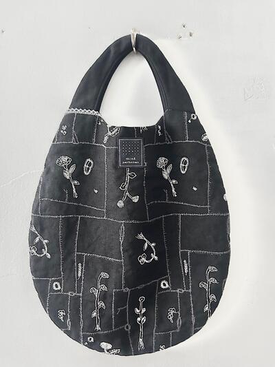 【美品】mina perhonen　garden patchwork　エッグバッグ　black　麻　リネン　 画像3