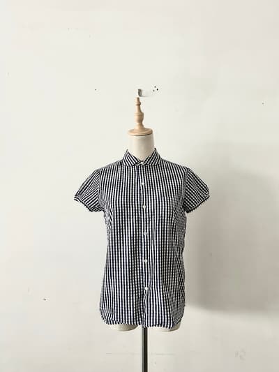 【美品】LE GLAZIK ギンガムチェック ラウンドカラー 半袖 シャツ サイズ36 画像1