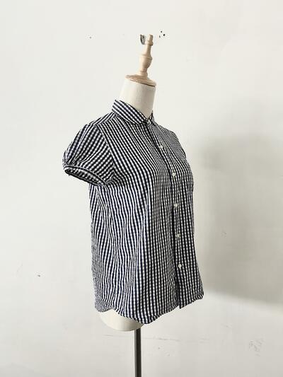 【美品】LE GLAZIK ギンガムチェック ラウンドカラー 半袖 シャツ サイズ36 画像4