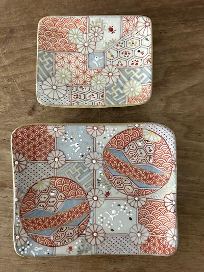 【美品】原依子 さん　小皿　中皿　2枚セット　花小紋　清水焼き　長方皿　入手困難 画像5