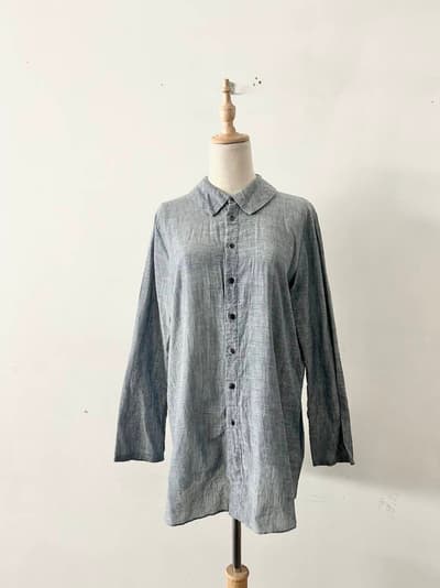 【美品】45R コットン シャツ ライトブルー ネイビー 画像1