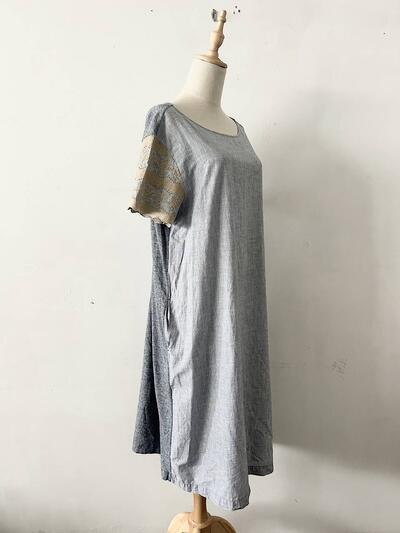 【美品】45R コットン レース切替 半袖 ワンピース ライトブルー 画像5