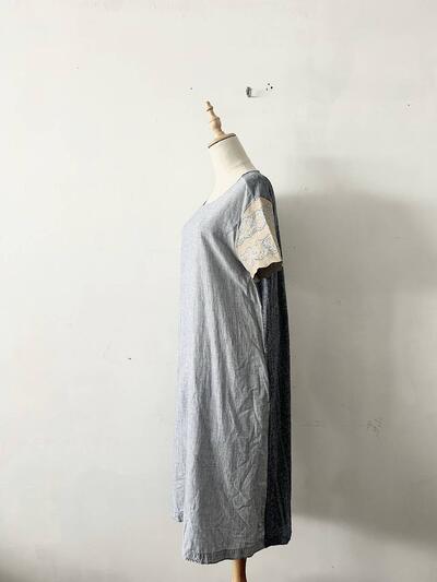 【美品】45R コットン レース切替 半袖 ワンピース ライトブルー 画像6