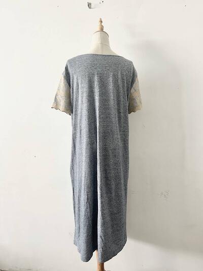 【美品】45R コットン レース切替 半袖 ワンピース ライトブルー 画像8