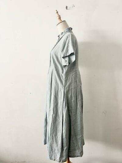 【美品】wafu リネン ピンタック フリルカラー ワンピース ライトブルー 画像6