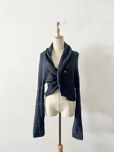 【美品】45R コットン ケーブル リブ ニット ボレロ カーディガン ネイビー 画像1