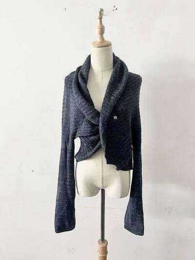 【美品】45R コットン ケーブル リブ ニット ボレロ カーディガン ネイビー 画像2
