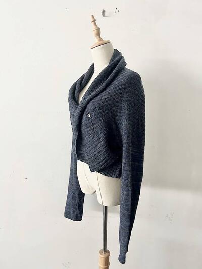 【美品】45R コットン ケーブル リブ ニット ボレロ カーディガン ネイビー 画像6