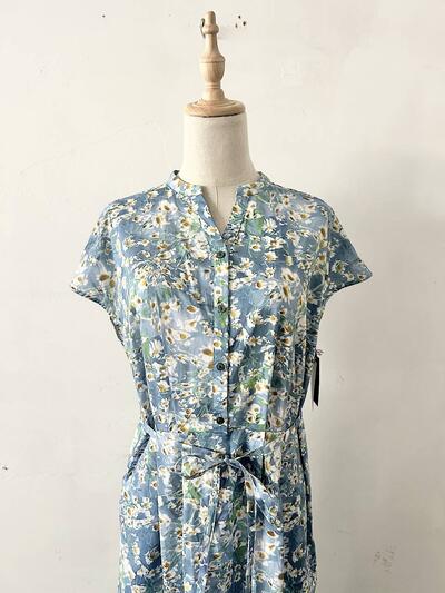 Hampstead リバティプリント コットン フレンチスリーブ フリル リボン ワンピース ブルー 花柄 画像2