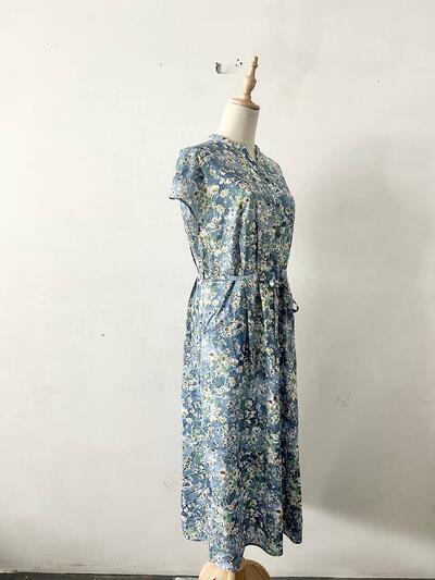 Hampstead リバティプリント コットン フレンチスリーブ フリル リボン ワンピース ブルー 花柄 画像4