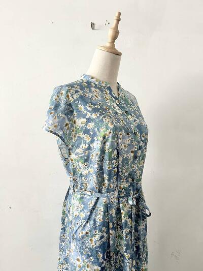 Hampstead リバティプリント コットン フレンチスリーブ フリル リボン ワンピース ブルー 花柄 画像5