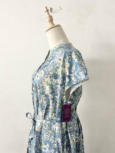 Hampstead リバティプリント コットン フレンチスリーブ フリル リボン ワンピース ブルー 花柄 画像6