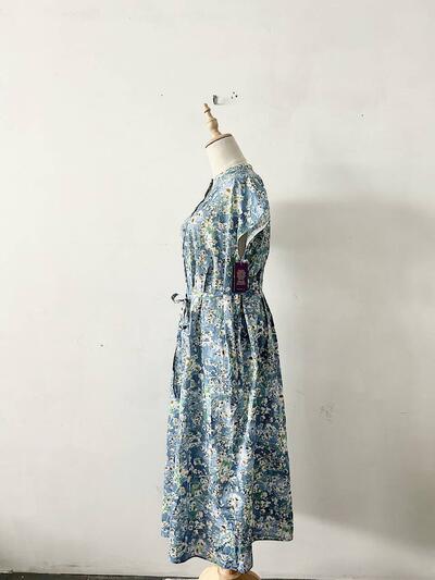 Hampstead リバティプリント コットン フレンチスリーブ フリル リボン ワンピース ブルー 花柄 画像7