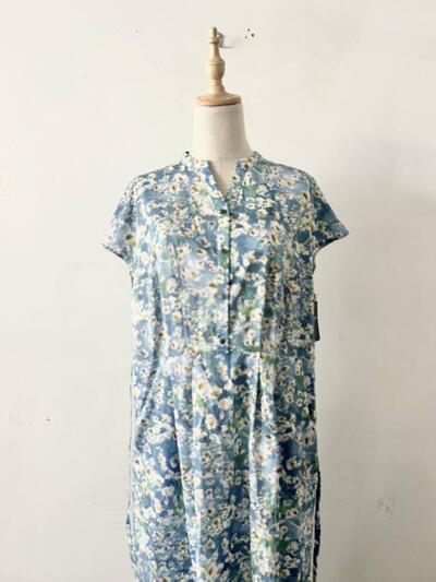 Hampstead リバティプリント コットン フレンチスリーブ フリル リボン ワンピース ブルー 花柄 画像9
