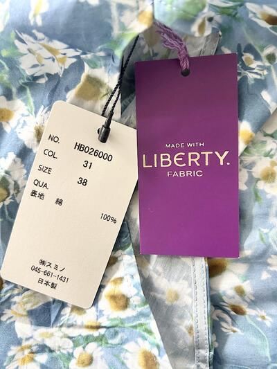Hampstead リバティプリント コットン フレンチスリーブ フリル リボン ワンピース ブルー 花柄 画像10