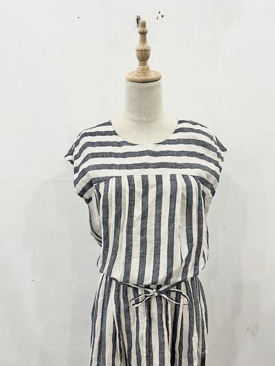 【美品】LISETTE リネン ストライプ フレンチスリーブ ワンピース 画像2