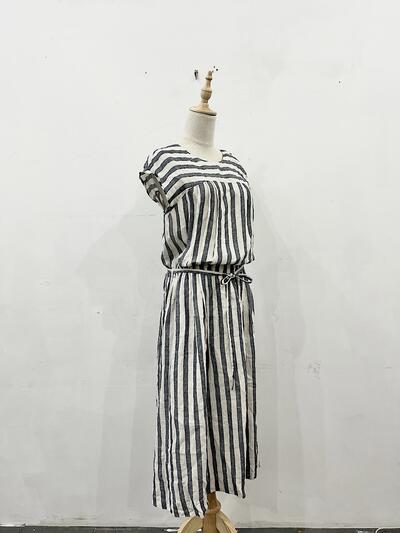 【美品】LISETTE リネン ストライプ フレンチスリーブ ワンピース 画像4