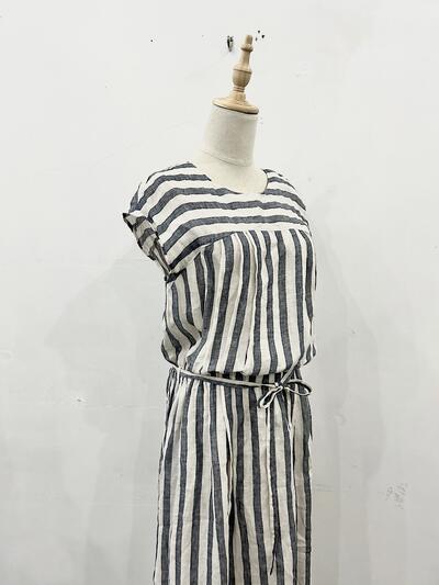 【美品】LISETTE リネン ストライプ フレンチスリーブ ワンピース 画像5