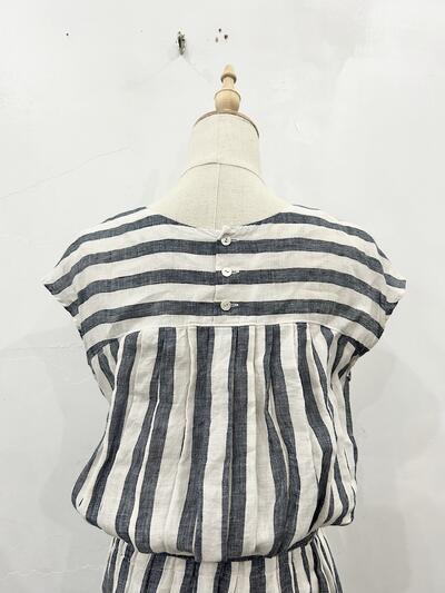 【美品】LISETTE リネン ストライプ フレンチスリーブ ワンピース 画像9