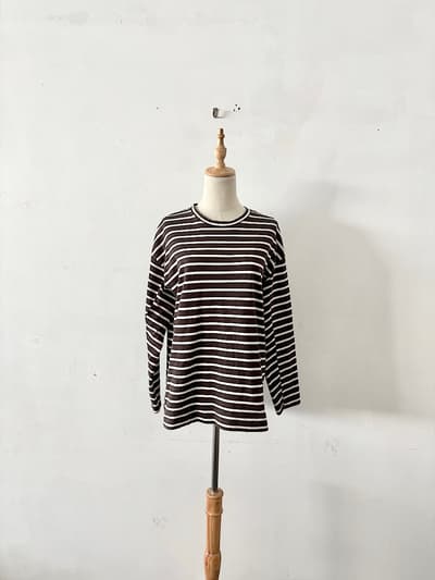 QUARTERLY　クォータリー ボーダーカットソー チャコール・白 長袖 画像1