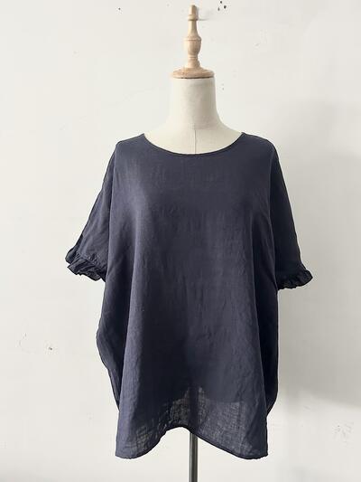 【美品】QUARTERLY リネン100% 袖フリル オーバーサイズ ブラウス ネイビー 画像2