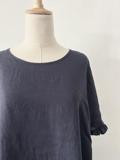 【美品】QUARTERLY リネン100% 袖フリル オーバーサイズ ブラウス ネイビー 画像3