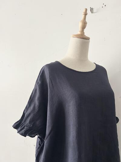 【美品】QUARTERLY リネン100% 袖フリル オーバーサイズ ブラウス ネイビー 画像5