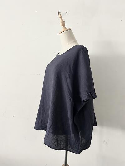 【美品】QUARTERLY リネン100% 袖フリル オーバーサイズ ブラウス ネイビー 画像6