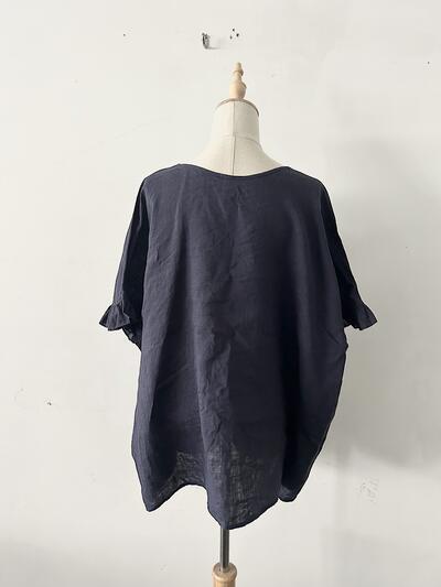 【美品】QUARTERLY リネン100% 袖フリル オーバーサイズ ブラウス ネイビー 画像7
