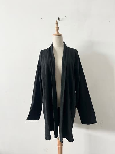 【美品】ヂェン先生の日常着　コットン ノーカラー オープンジャケット ブラック