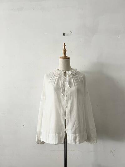 Gauze フリルカラー リボン ブラウス オフホワイト ラミーリネン コットン 画像1