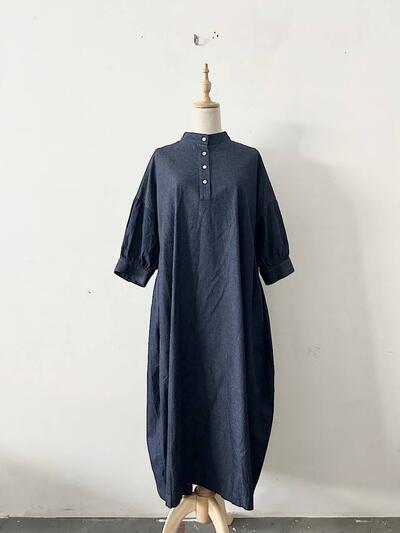 linen ya デニム スタンドカラー ギャザー ワンピース インディゴ ネイビー 画像1